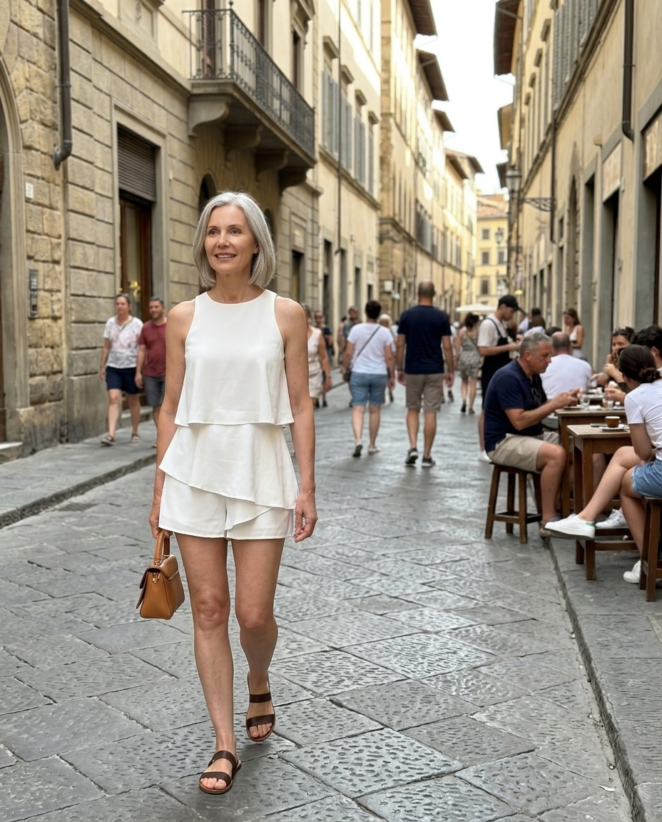 White Layered High Neck Playsuit worn in an everyday street setting