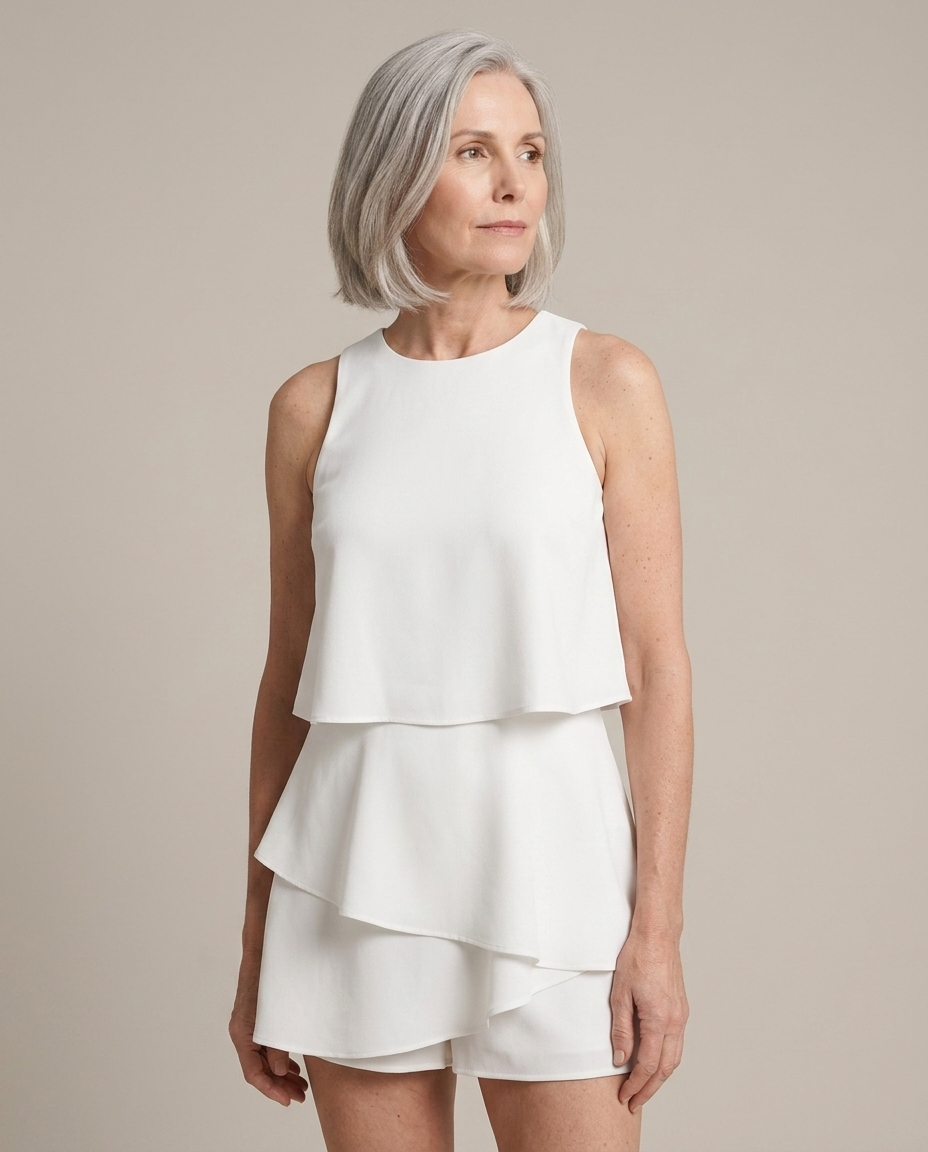 White Layered High Neck Playsuit worn by a model, close waist-up view