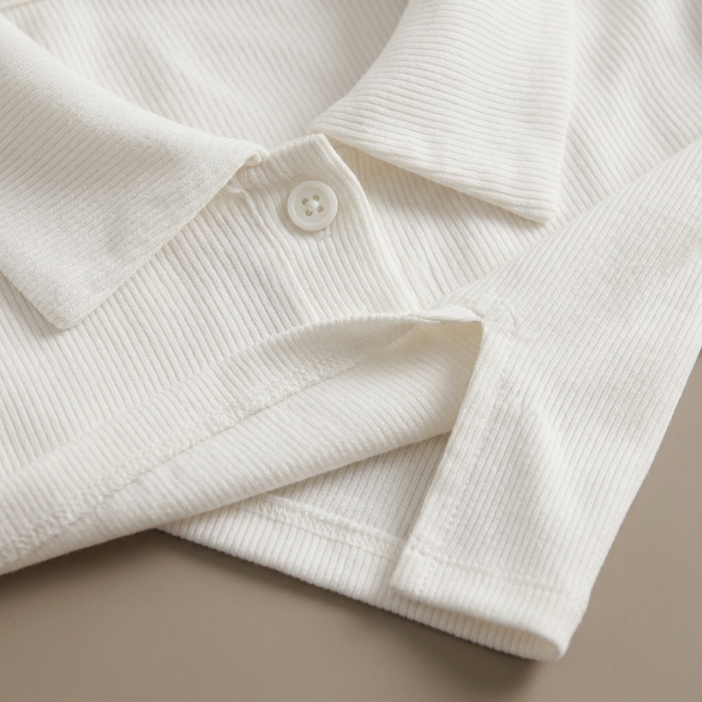 Close-up of White Ribbed Polo Mini Dress, Side Slit fabric and detailing