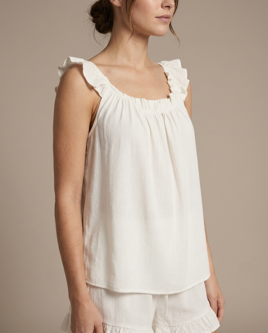 White Ruffled Cotton Loungewear Set worn by a model, close waist-up view