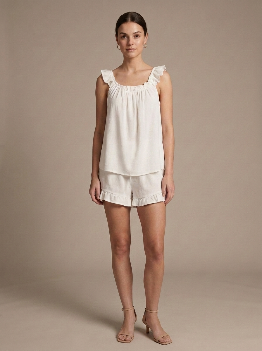 White Ruffled Cotton Loungewear Set worn by a model, front view