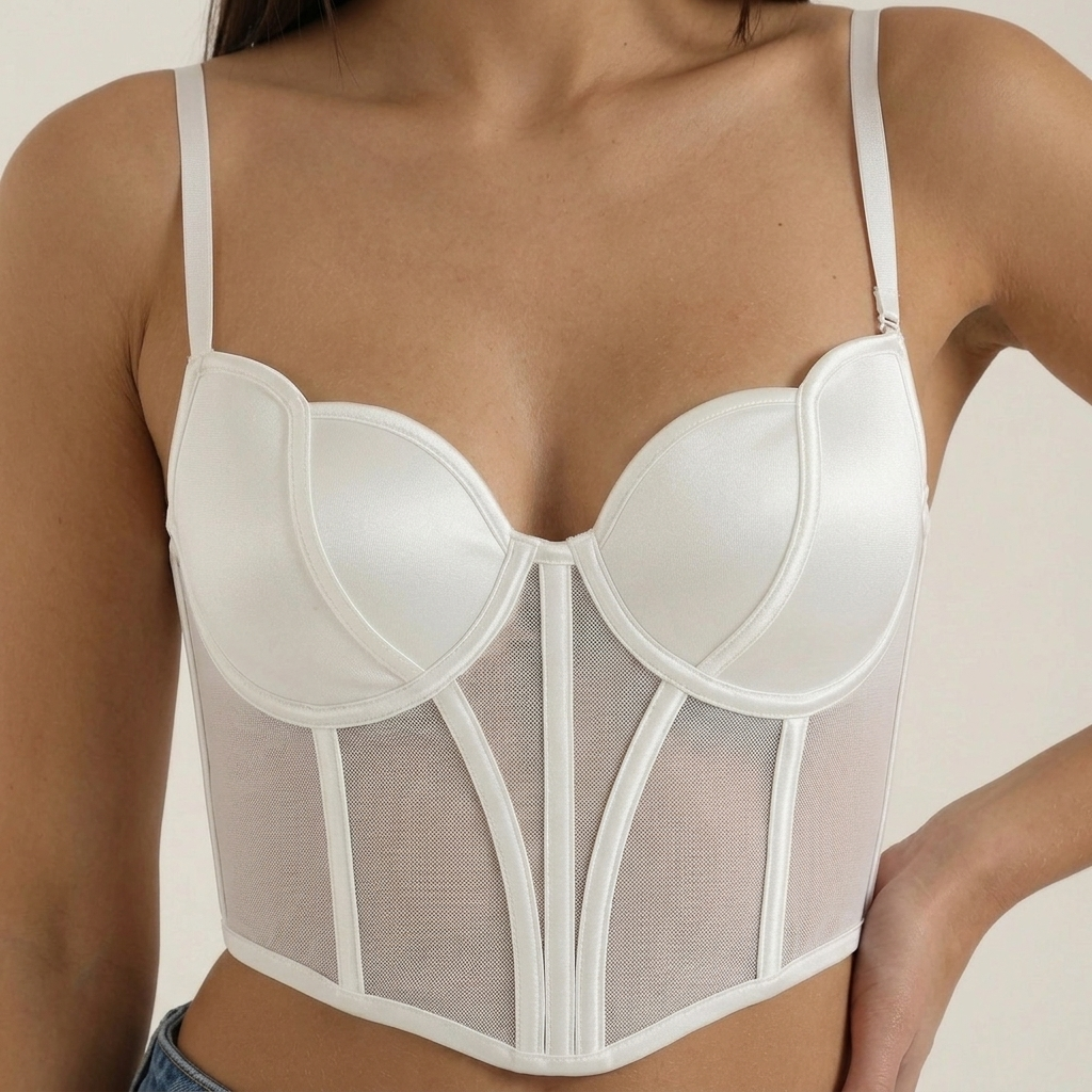 Close-up of White Satin Mesh Sweetheart Corset Top detail