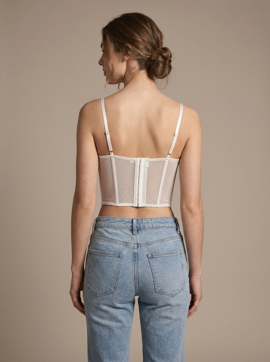 White Satin Mesh Sweetheart Corset Top worn by a model, back view