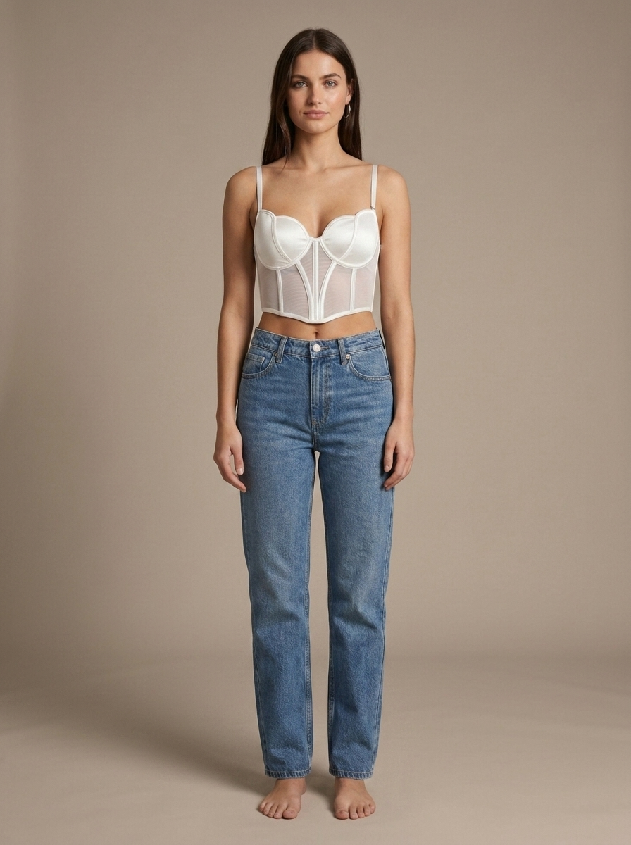 White Satin Mesh Sweetheart Corset Top worn by a model, front view