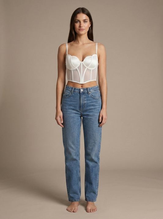 White Satin Mesh Sweetheart Corset Top worn by a model, front view