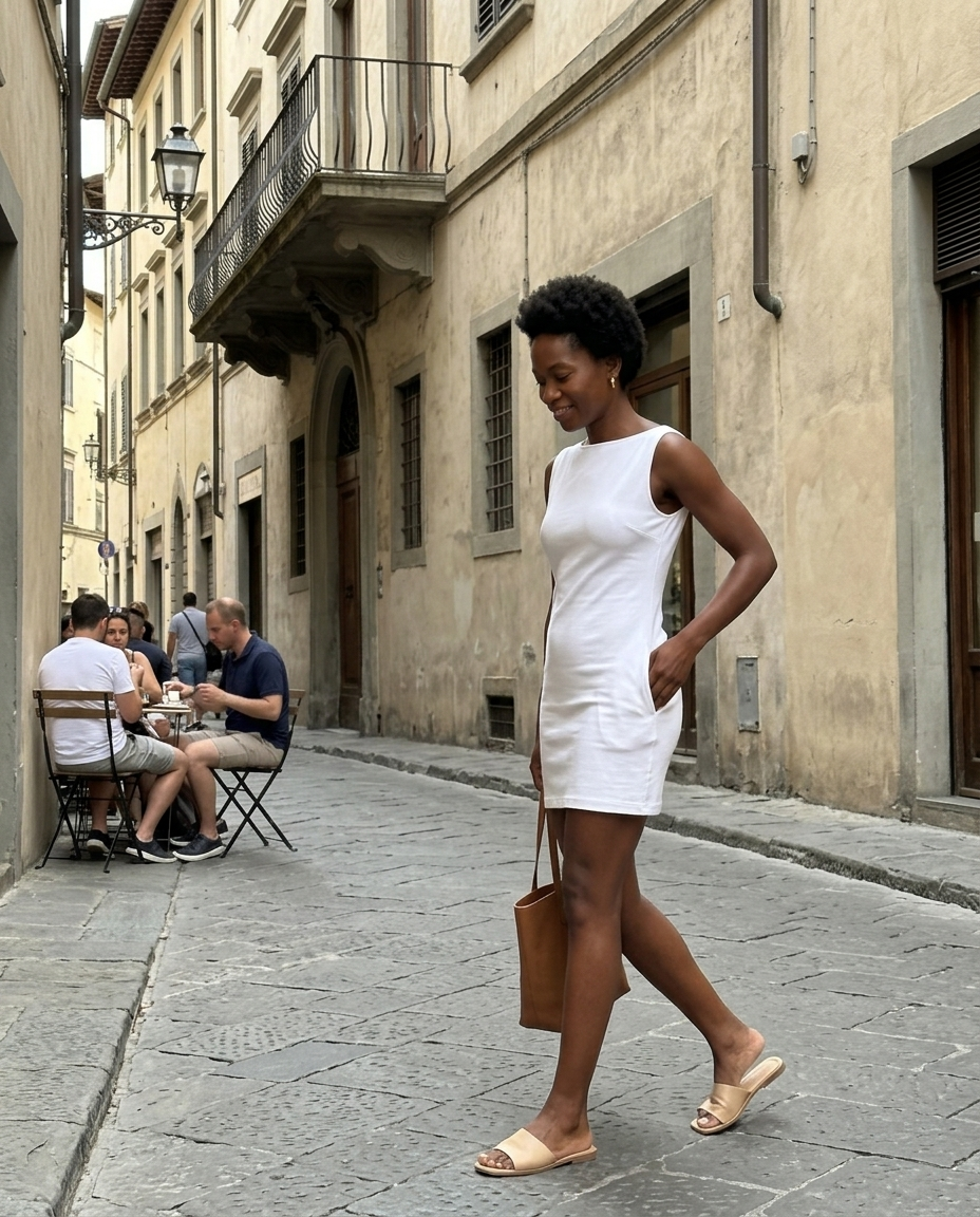White Sleeveless Boat Neck Mini Dress worn in an everyday street setting
