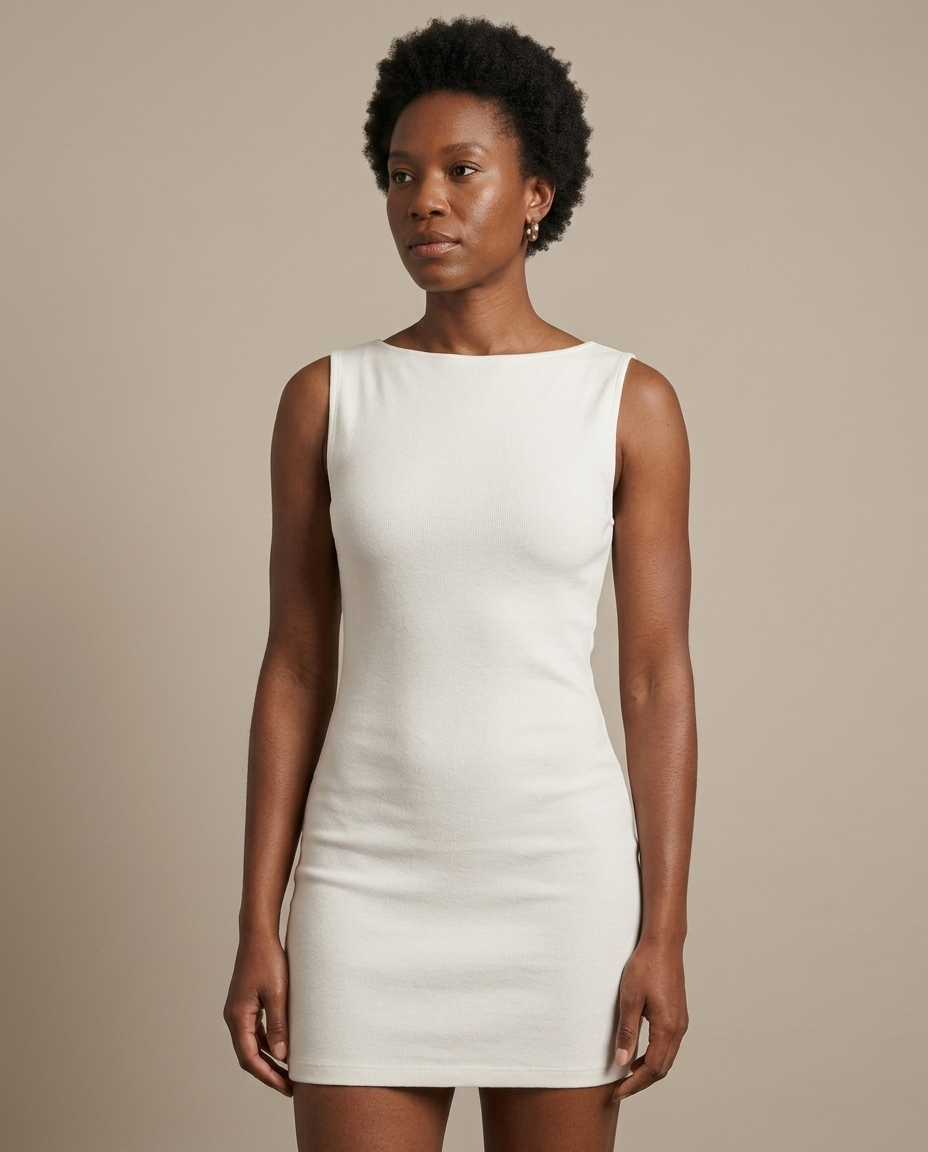 White Sleeveless Boat Neck Mini Dress worn by a model, close waist-up view