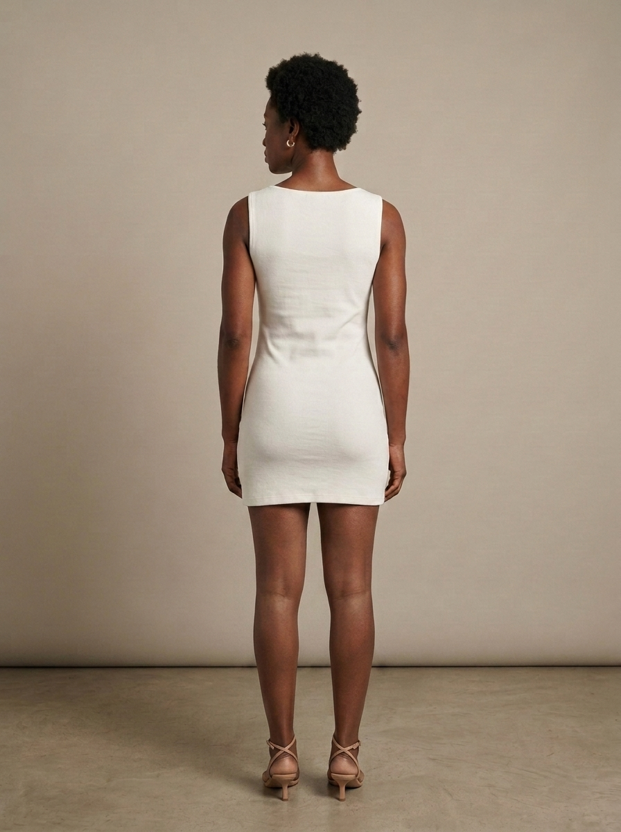 White Sleeveless Boat Neck Mini Dress worn by a model, back view
