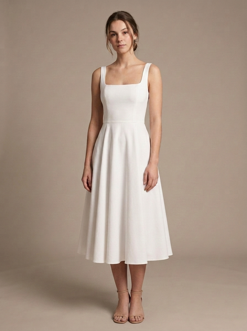 White Sleeveless Square Neck Midi Dress worn by a model, front view