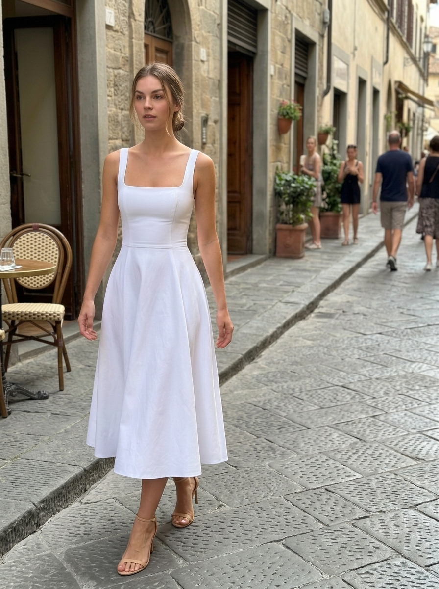 White Sleeveless Square Neck Midi Dress worn in an everyday street setting