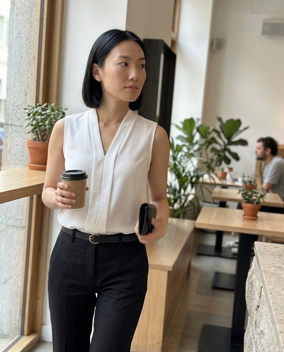 White Sleeveless V-Neck Pleated Blouse styled in a daylight interior setting