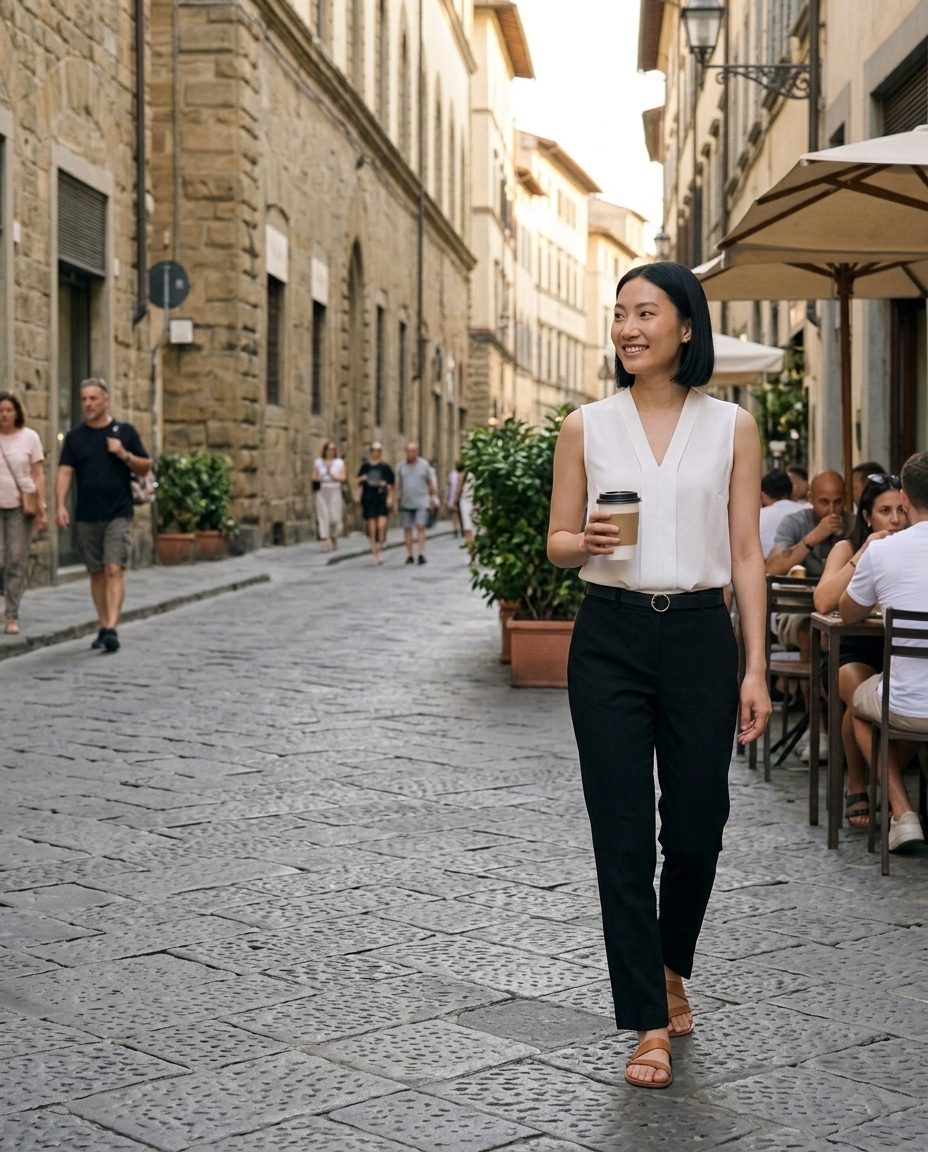 White Sleeveless V-Neck Pleated Blouse worn in an everyday street setting