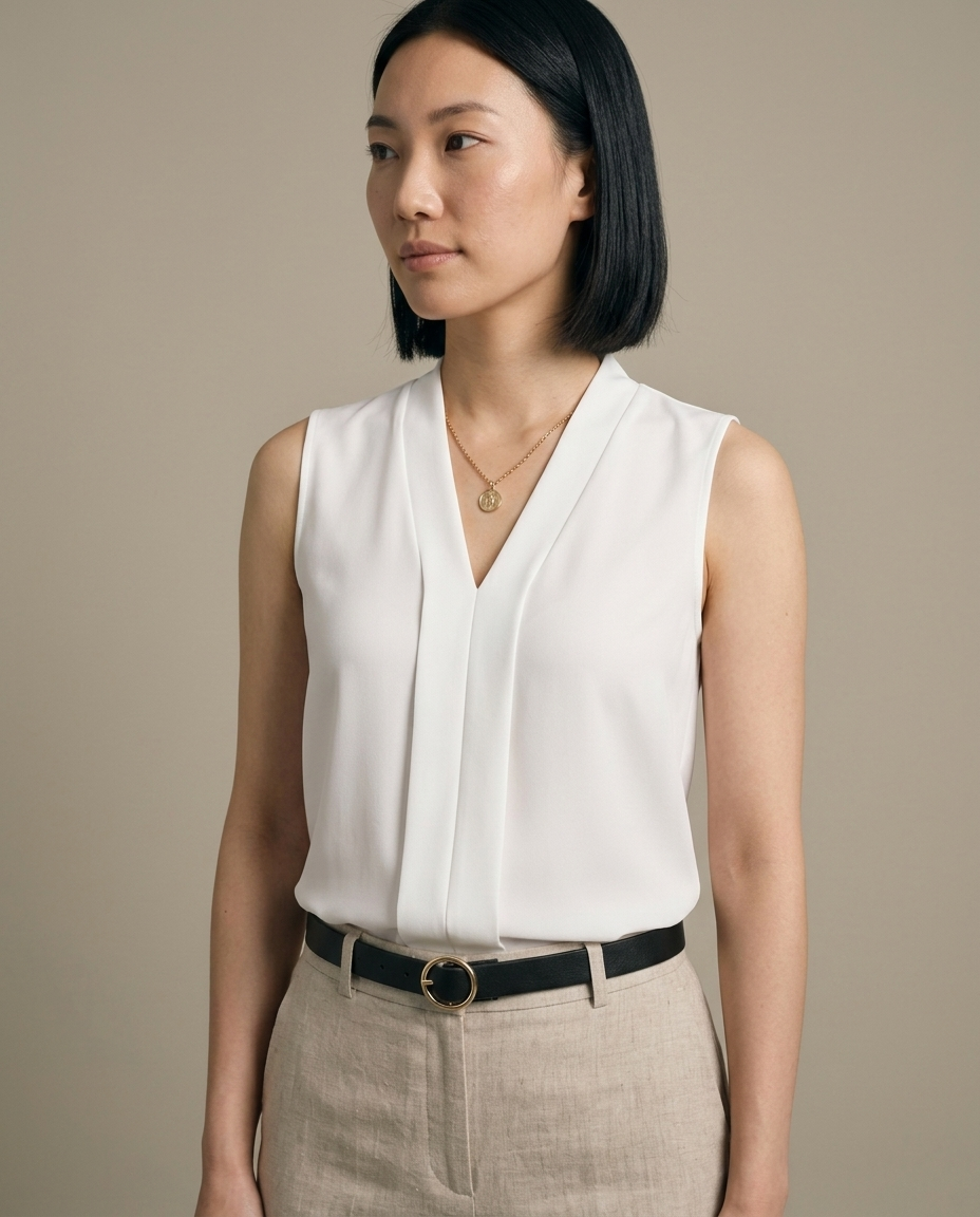 White Sleeveless V-Neck Pleated Blouse worn by a model, close waist-up view