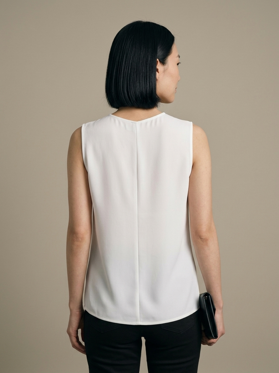White Sleeveless V-Neck Pleated Blouse worn by a model, back view
