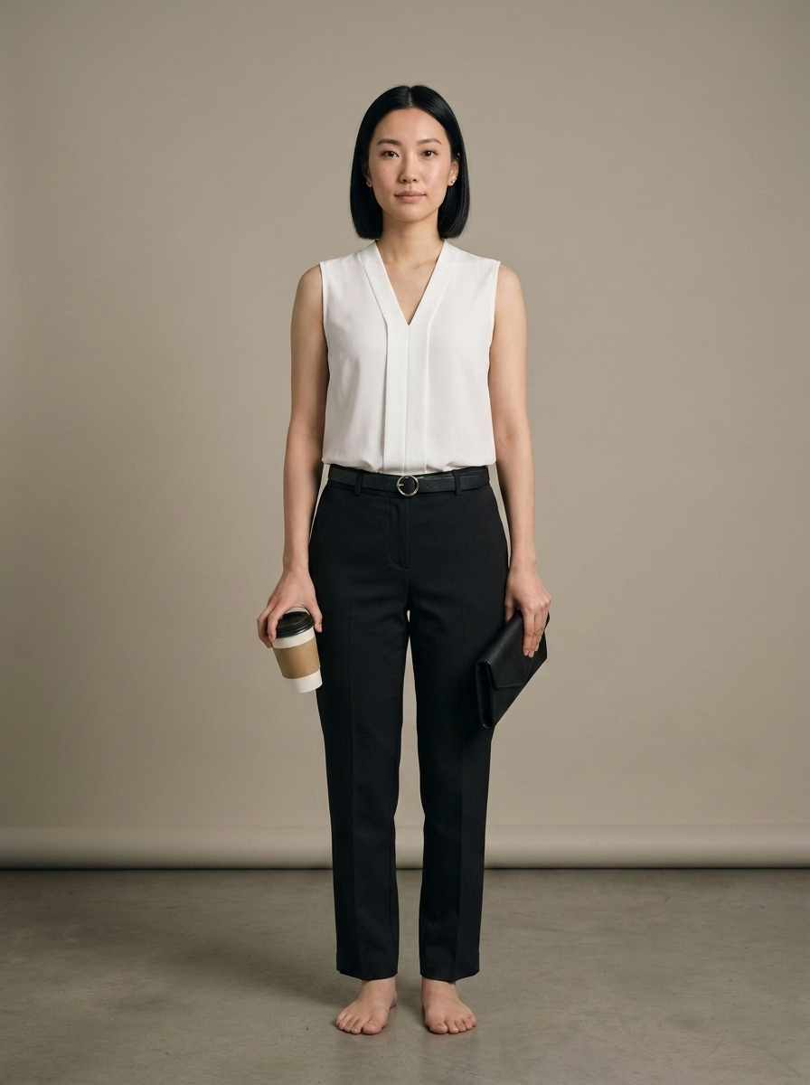 White Sleeveless V-Neck Pleated Blouse worn by a model, front view