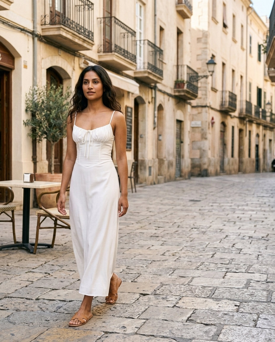 White Spaghetti Strap Corset Midi Dress worn in an everyday street setting