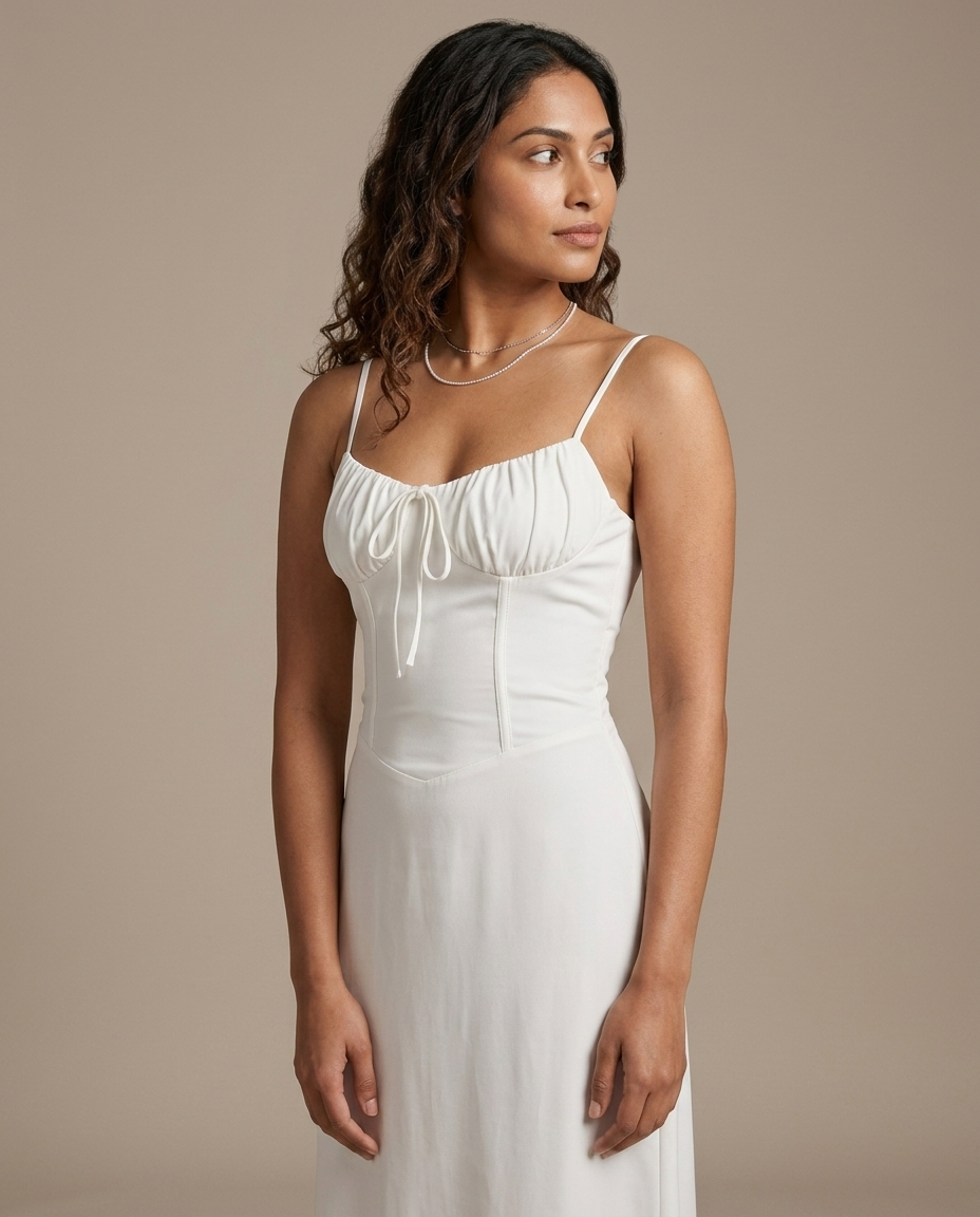 White Spaghetti Strap Corset Midi Dress worn by a model, close waist-up view