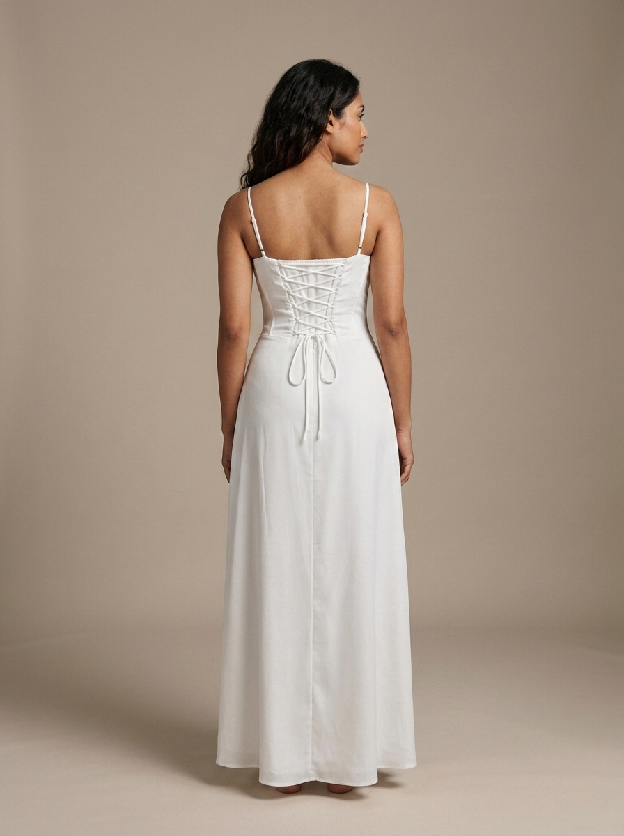 White Spaghetti Strap Corset Midi Dress worn by a model, back view