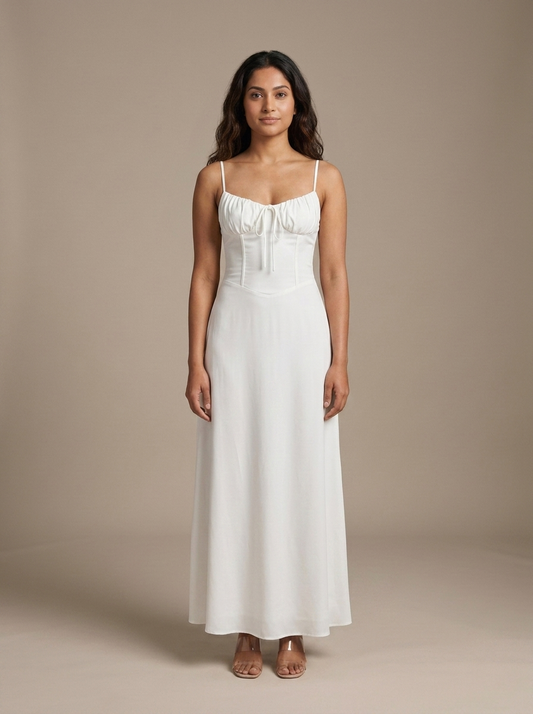 White Spaghetti Strap Corset Midi Dress worn by a model, front view
