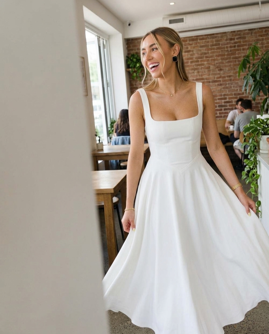 White Square Neck Sleeveless Midi Dress styled in a daylight interior setting