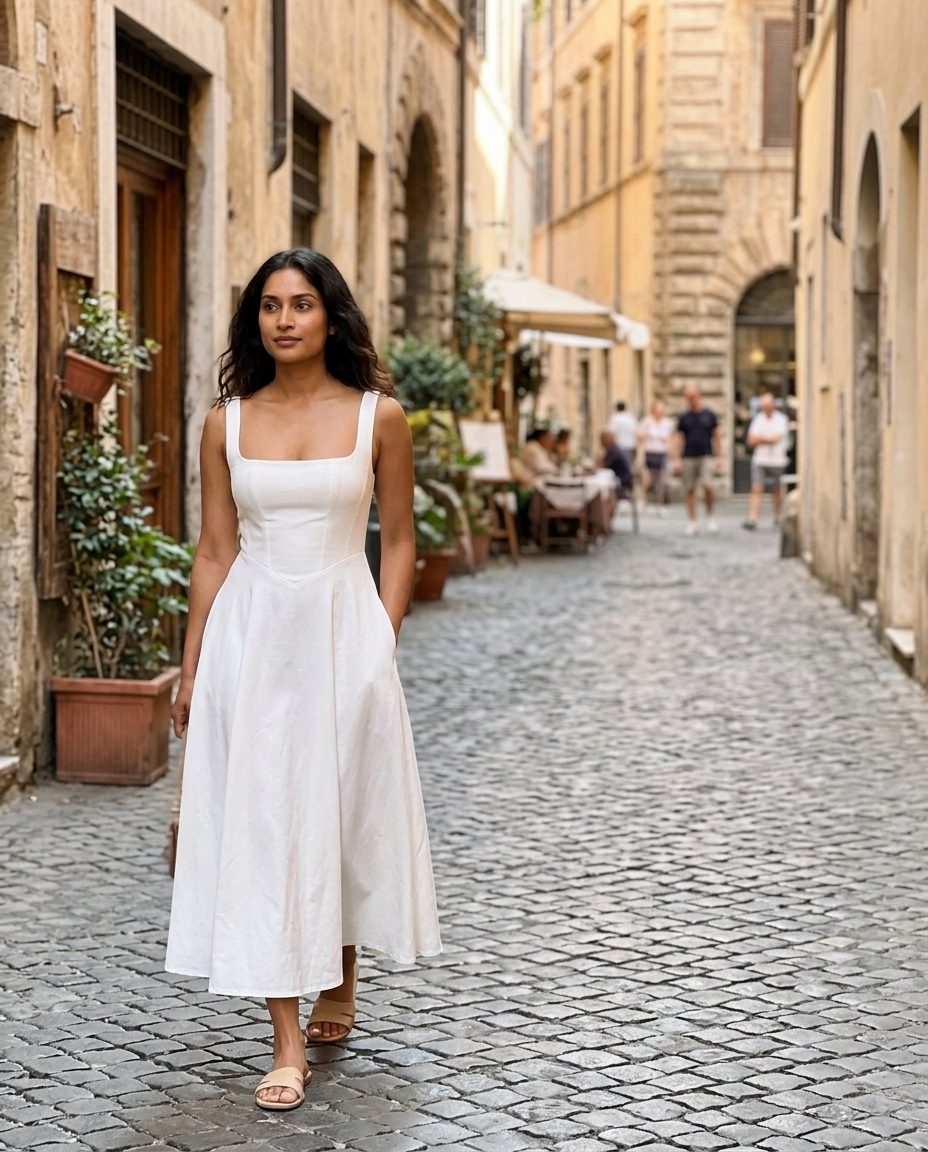 White Square Neck Sleeveless Midi Dress worn in an everyday street setting