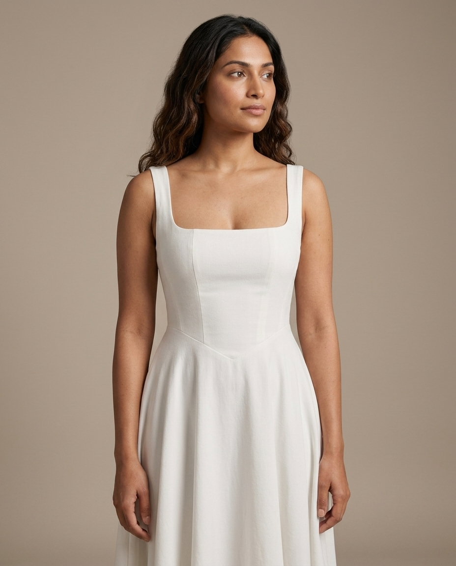 White Square Neck Sleeveless Midi Dress worn by a model, close waist-up view