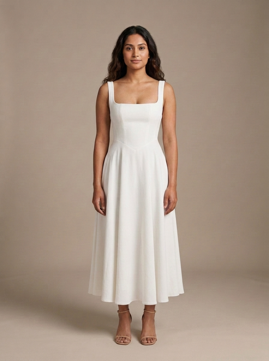 White Square Neck Sleeveless Midi Dress worn by a model, front view