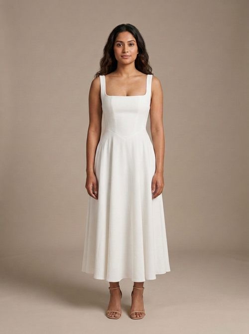 White Square Neck Sleeveless Midi Dress worn by a model, front view