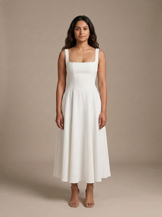 White Square Neck Sleeveless Midi Dress worn by a model, front view