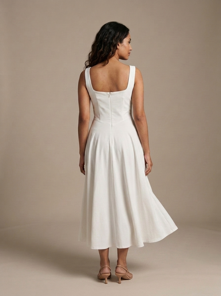 White Square Neck Sleeveless Midi Dress worn by a model, back view