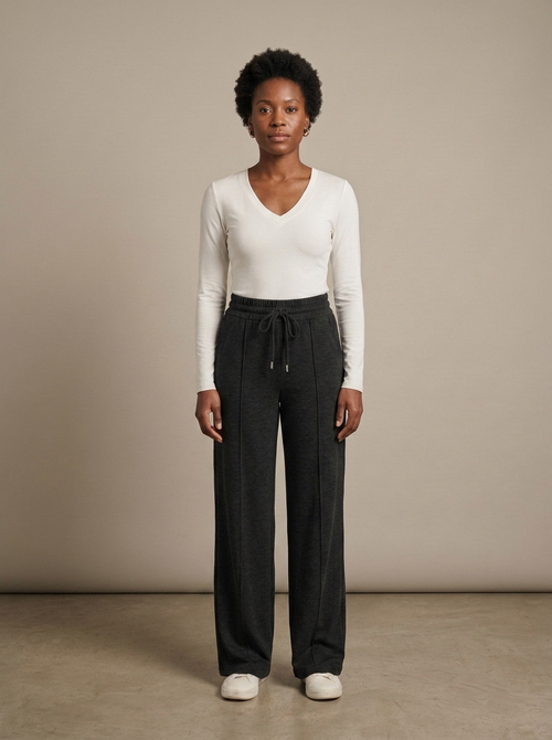 Wide Leg Heathered Drawstring Lounge Trousers worn by a model, front view
