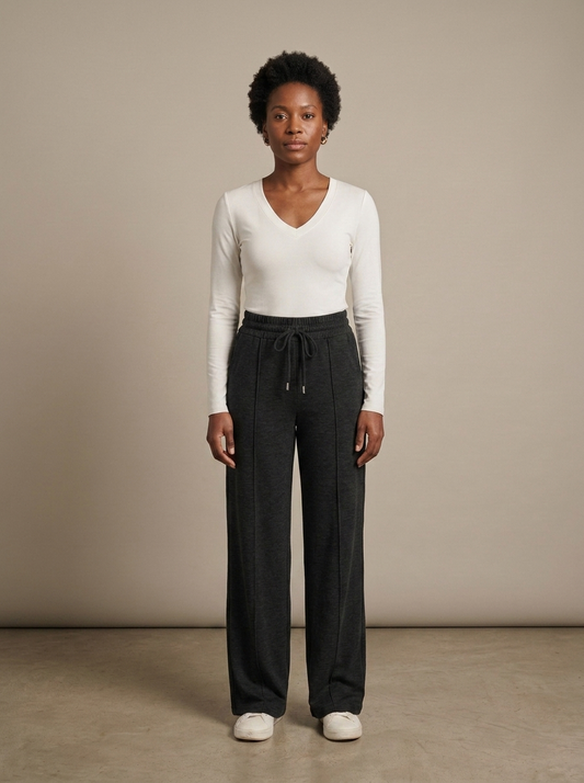 Wide Leg Heathered Drawstring Lounge Trousers worn by a model, front view