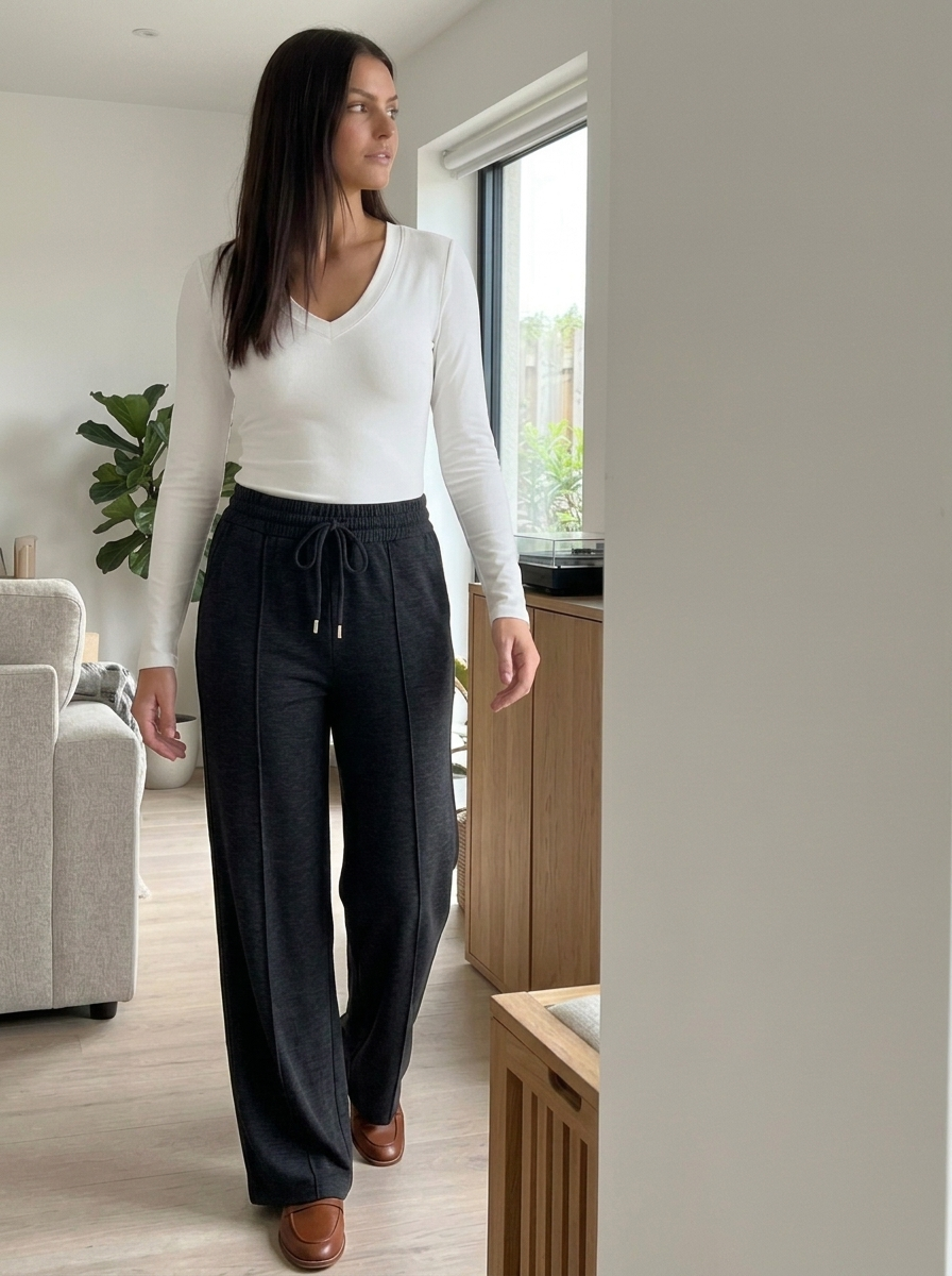 Wide Leg Heathered Drawstring Lounge Trousers styled in a daylight interior setting