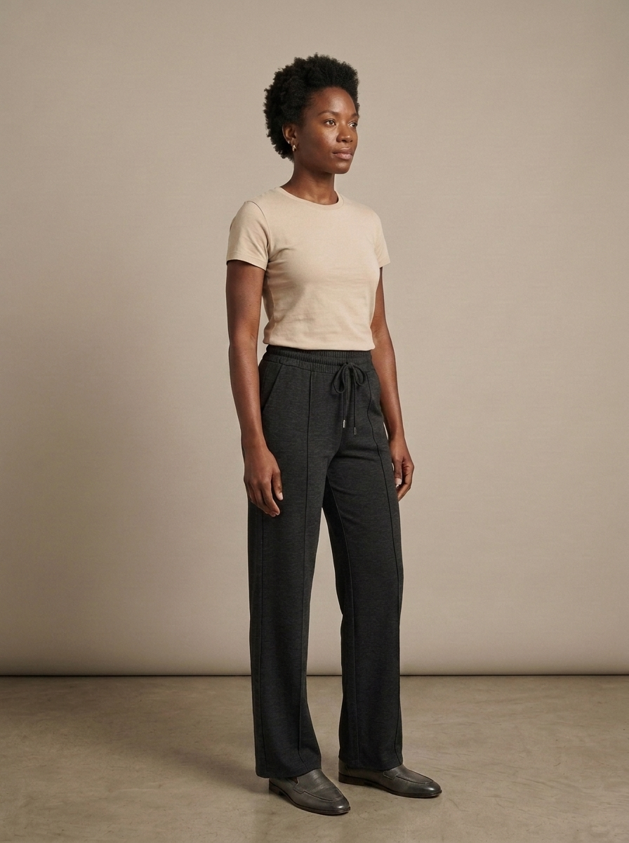 Wide Leg Heathered Drawstring Lounge Trousers worn by a model, three-quarter angle