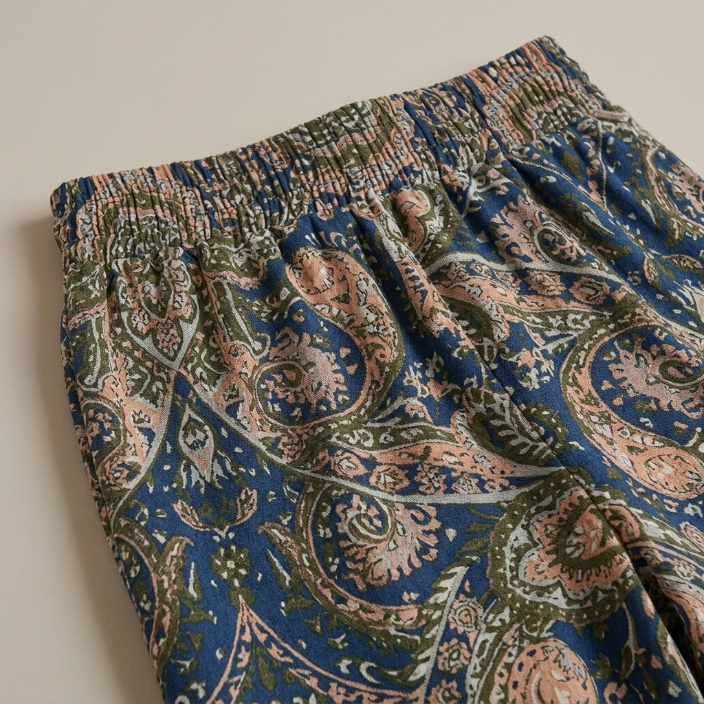 Close-up of Wide-Leg Paisley Print Elasticated Trousers fabric and detailing