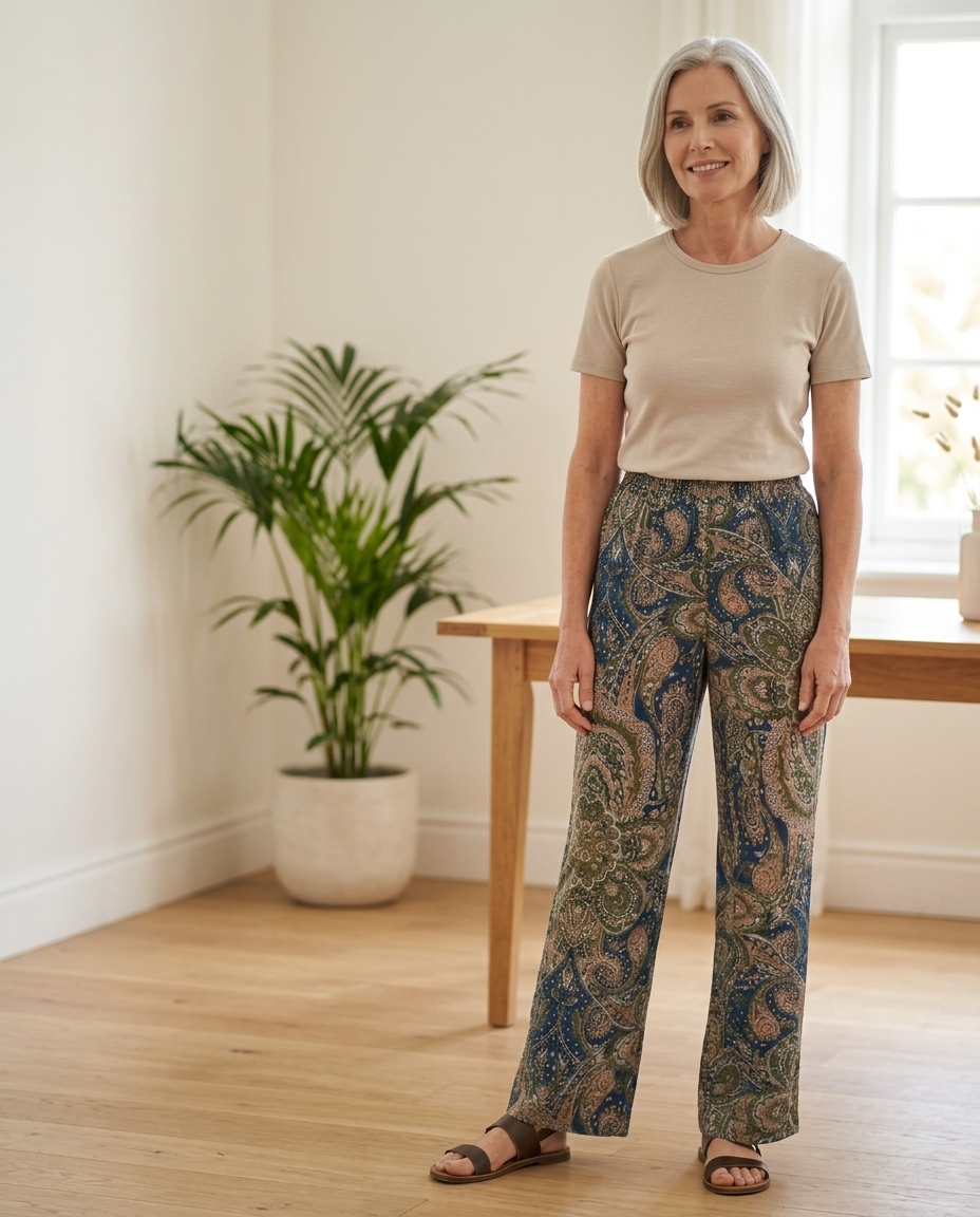 Wide-Leg Paisley Print Elasticated Trousers styled in a daylight interior setting