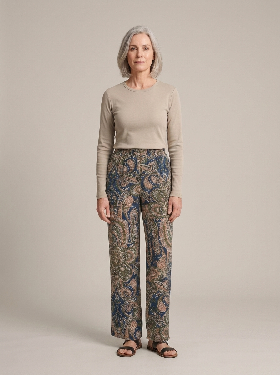 Wide-Leg Paisley Print Elasticated Trousers worn by a model, front view