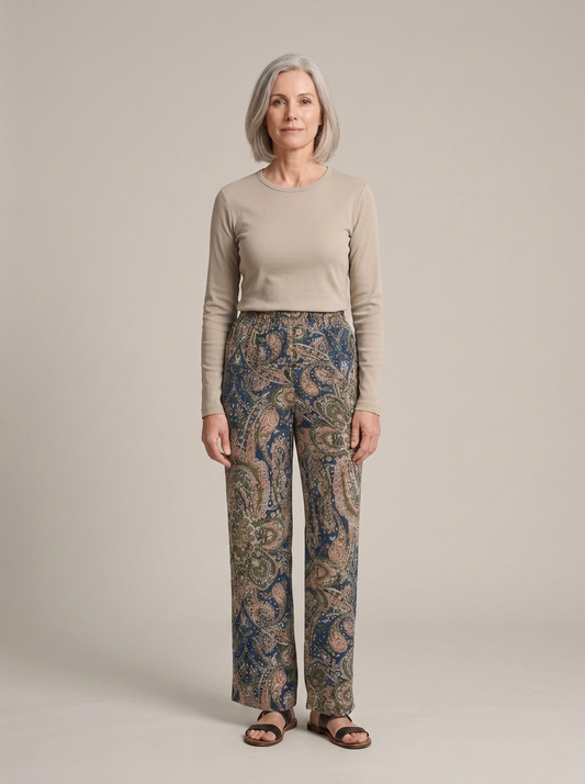 Wide-Leg Paisley Print Elasticated Trousers worn by a model, front view