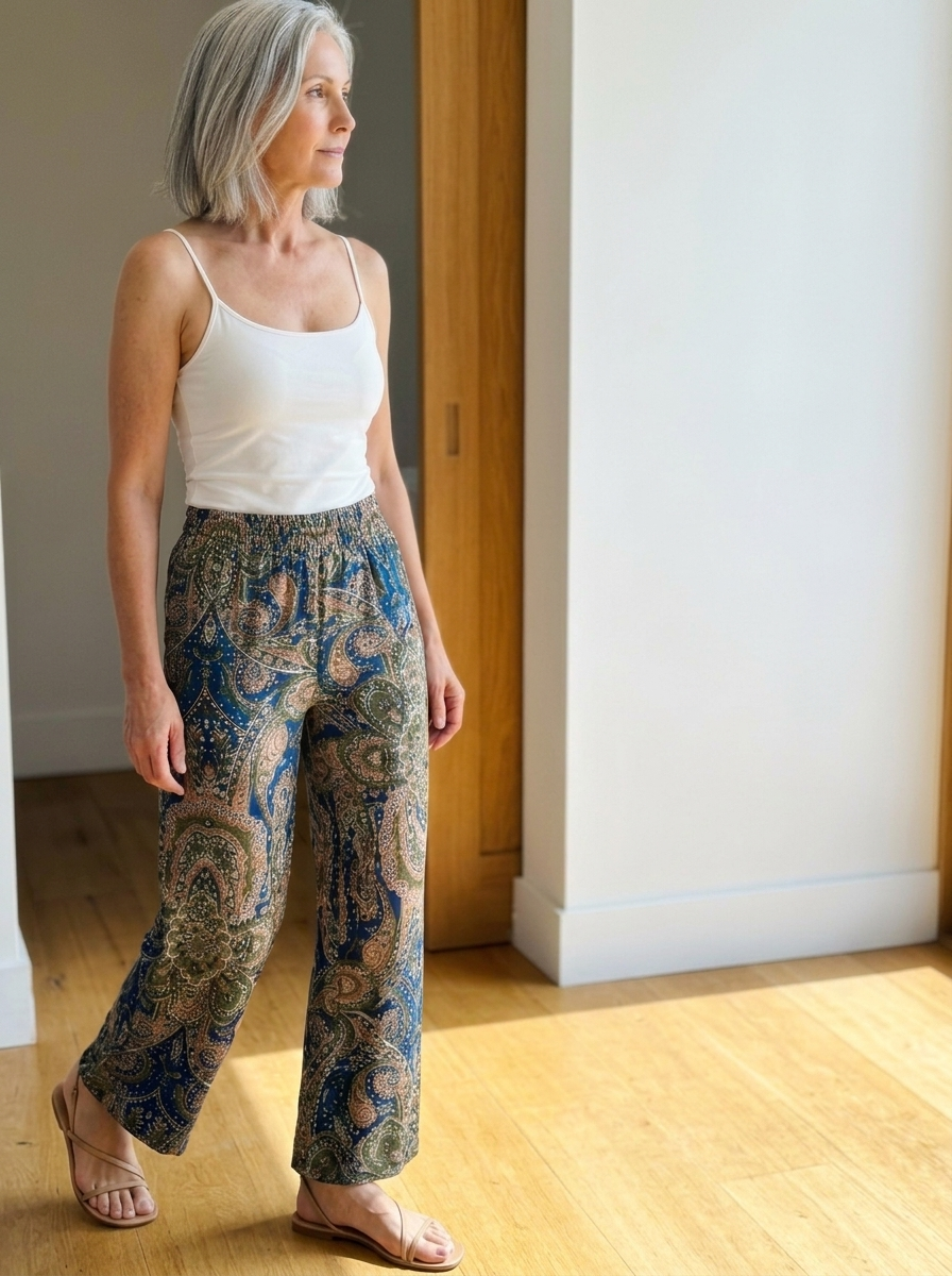 Wide-Leg Paisley Print Elasticated Trousers styled in a daylight interior setting