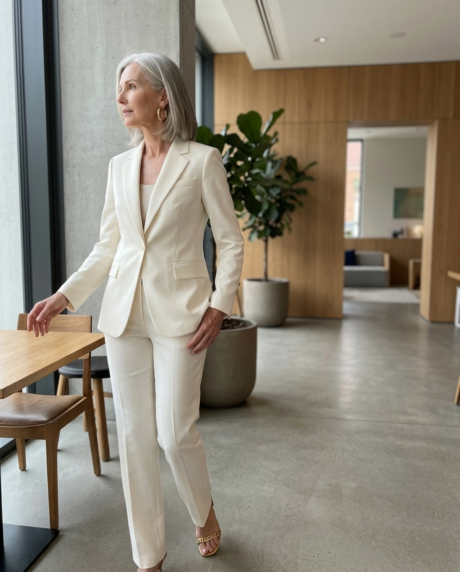 Women's Cream Tailored Suit Set styled in a daylight interior setting