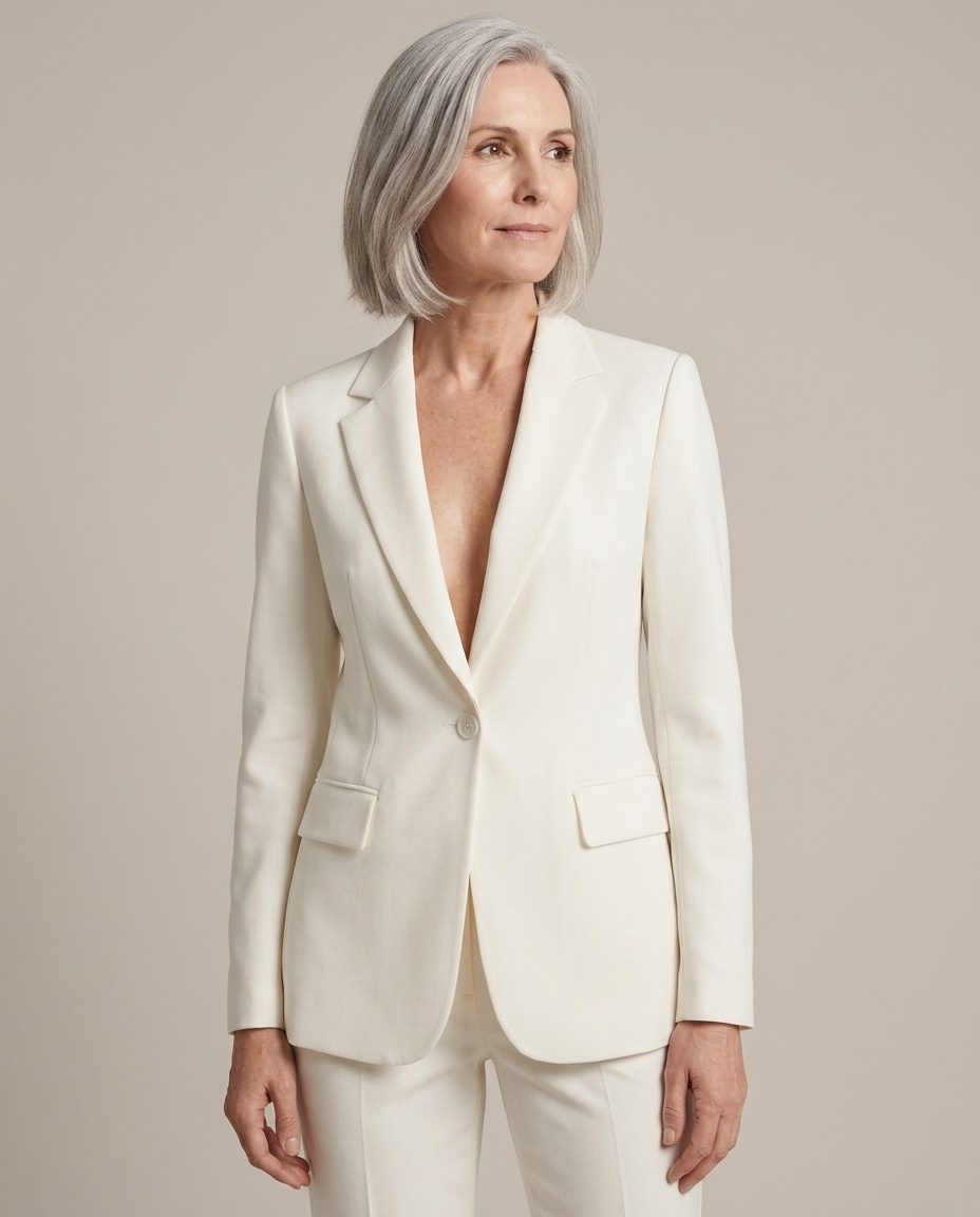 Women's Cream Tailored Suit Set worn by a model, close waist-up view