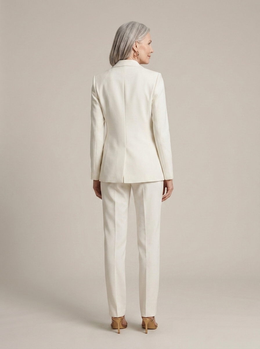 Women's Cream Tailored Suit Set worn by a model, back view