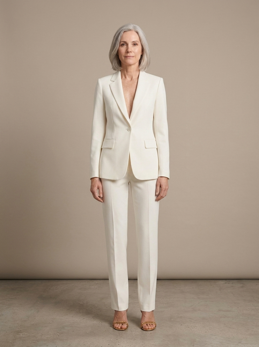 Women's Cream Tailored Suit Set worn by a model, front view