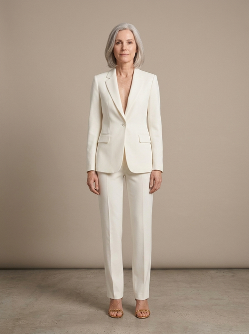 Women's Cream Tailored Suit Set worn by a model, front view