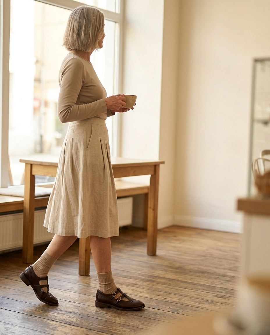 Women's Dark Brown Brogue Buckle Flats styled in a daylight interior setting