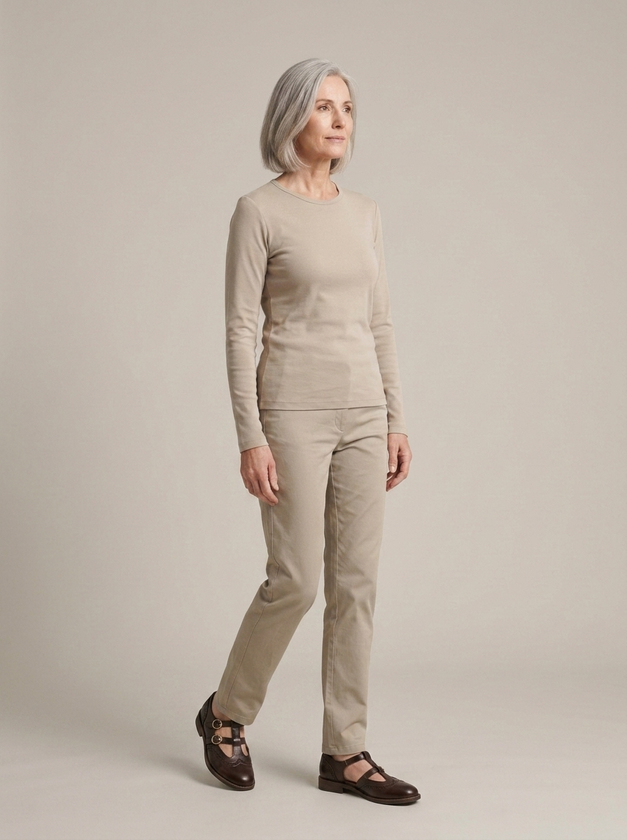 Women's Dark Brown Brogue Buckle Flats worn by a model, three-quarter angle