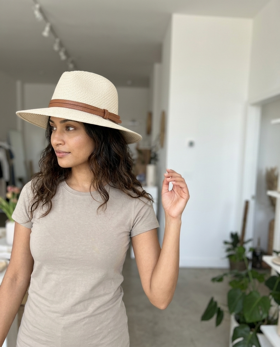 Woven Straw Fedora Hat, Faux Leather Band styled in a daylight interior setting
