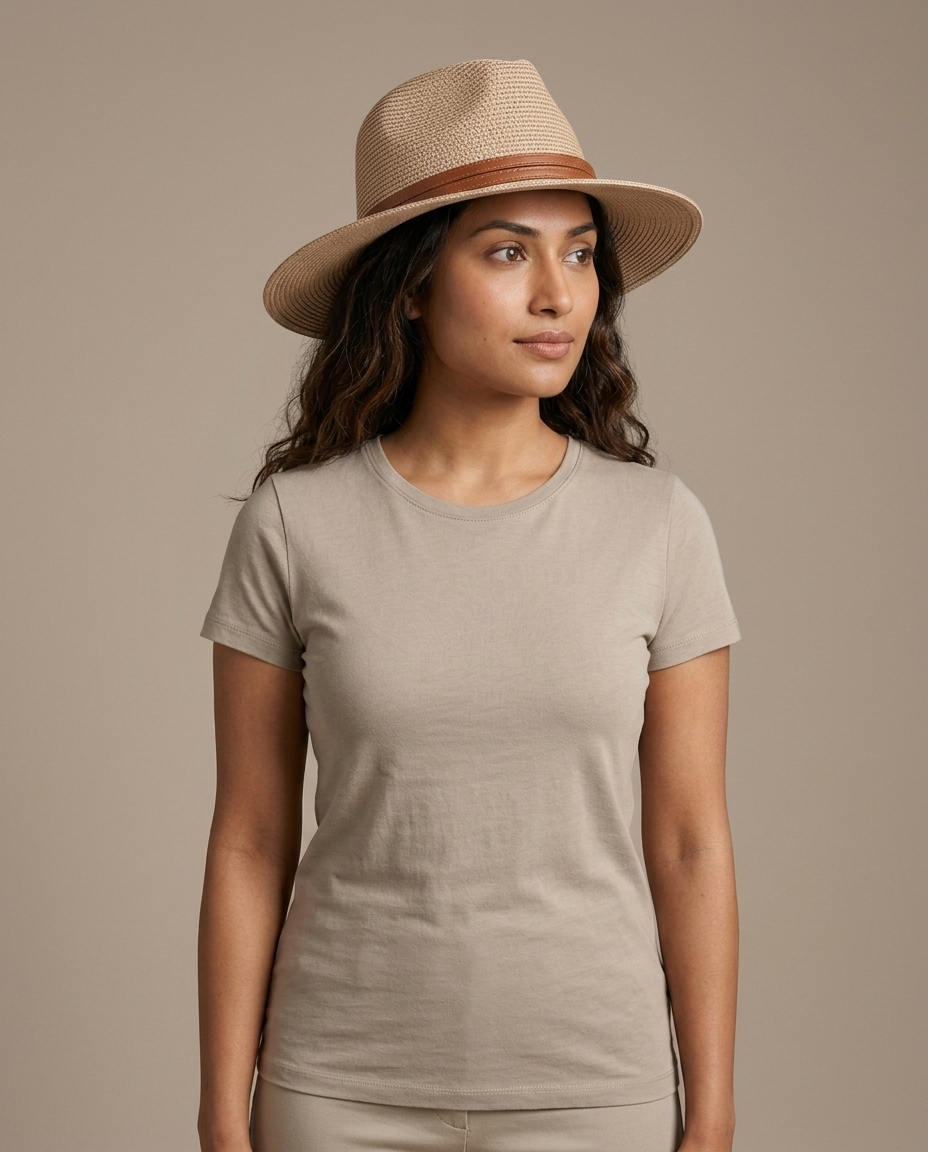 Woven Straw Fedora Hat, Faux Leather Band worn by a model, close waist-up view
