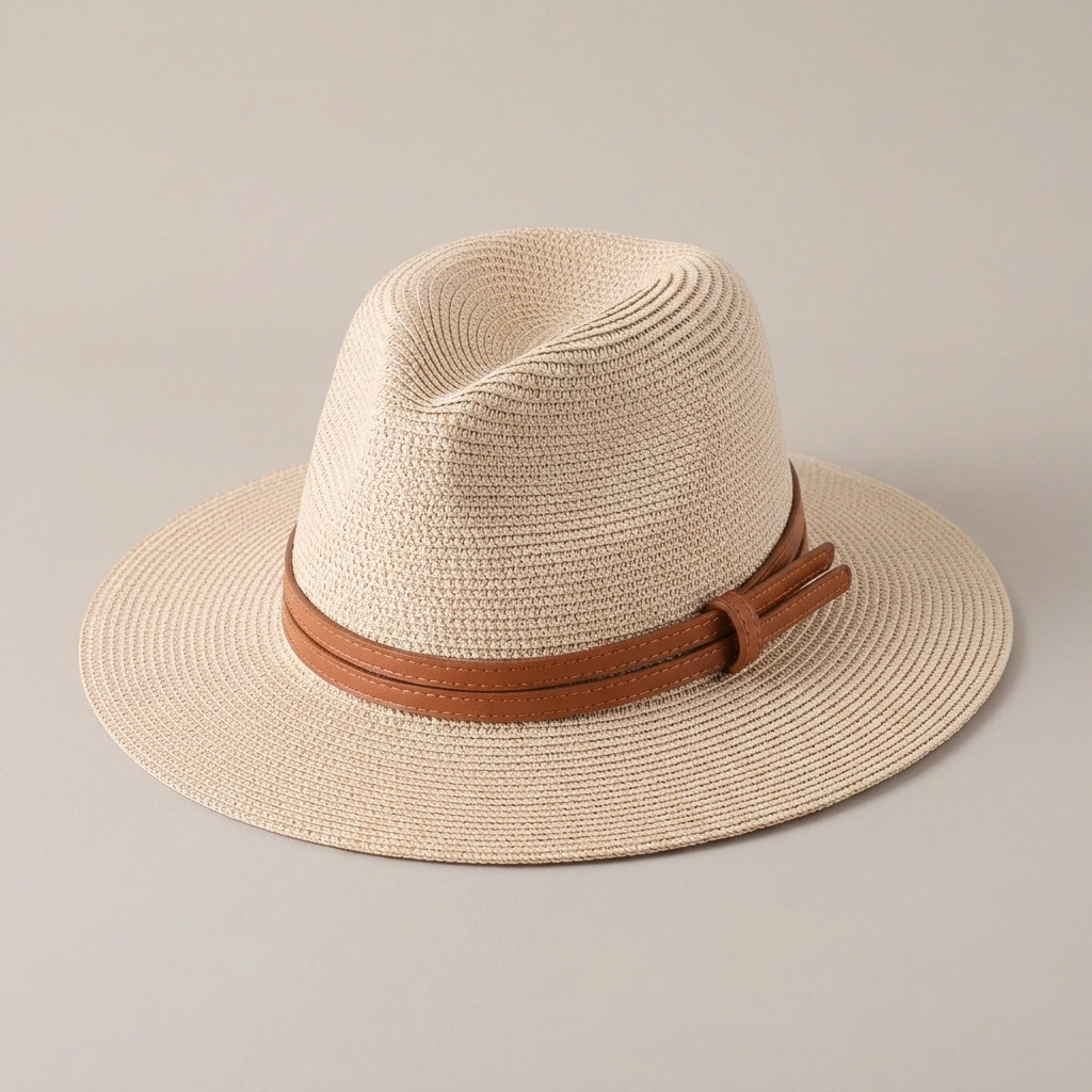 Close-up of Woven Straw Fedora Hat, Faux Leather Band