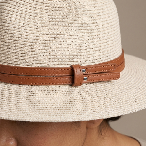 Woven Straw Fedora Hat, Faux Leather Band worn, close-up